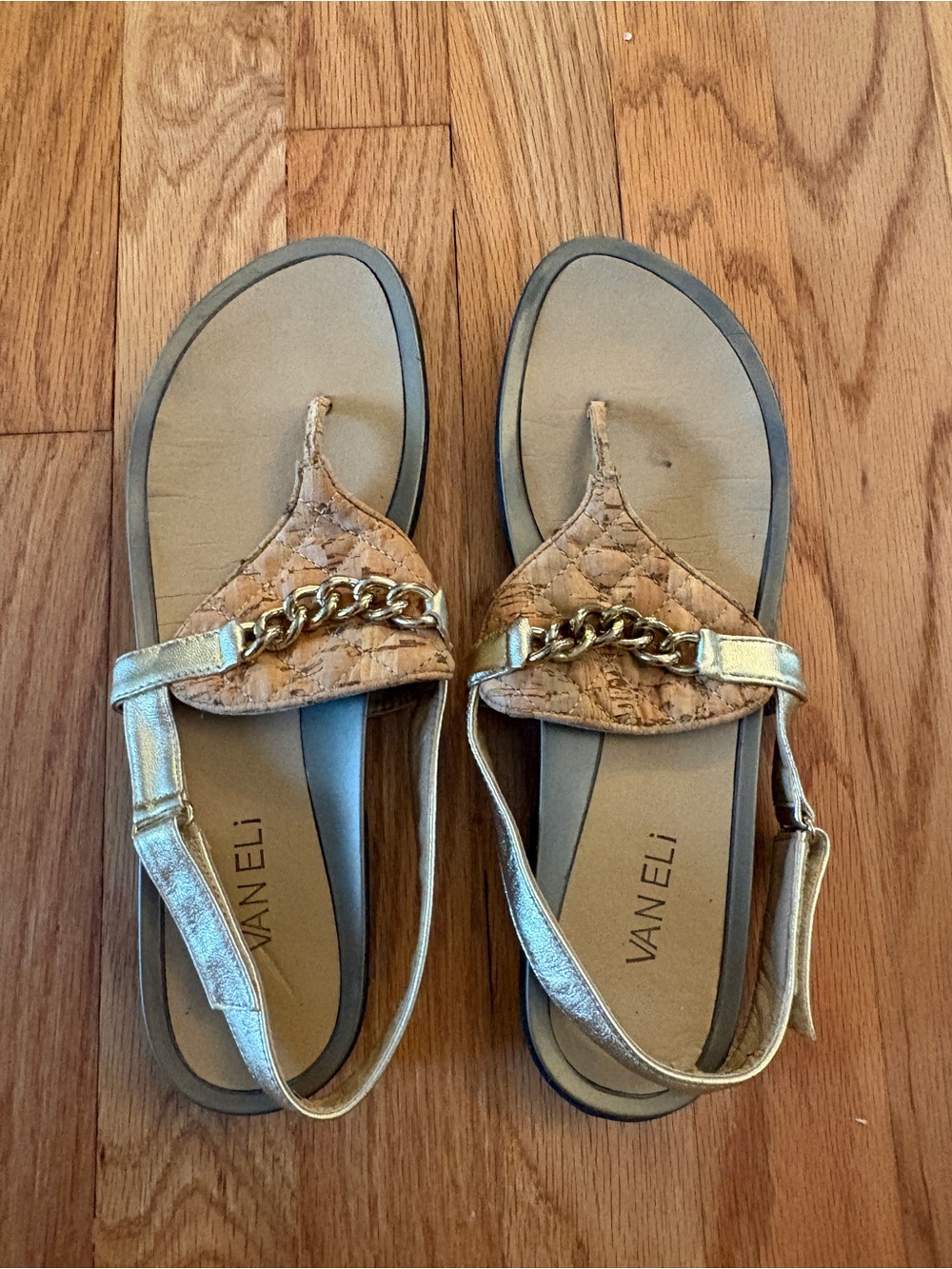 Vaneli Metallic Gold Cork-Trim Chain-Accent Slingback Sandals
